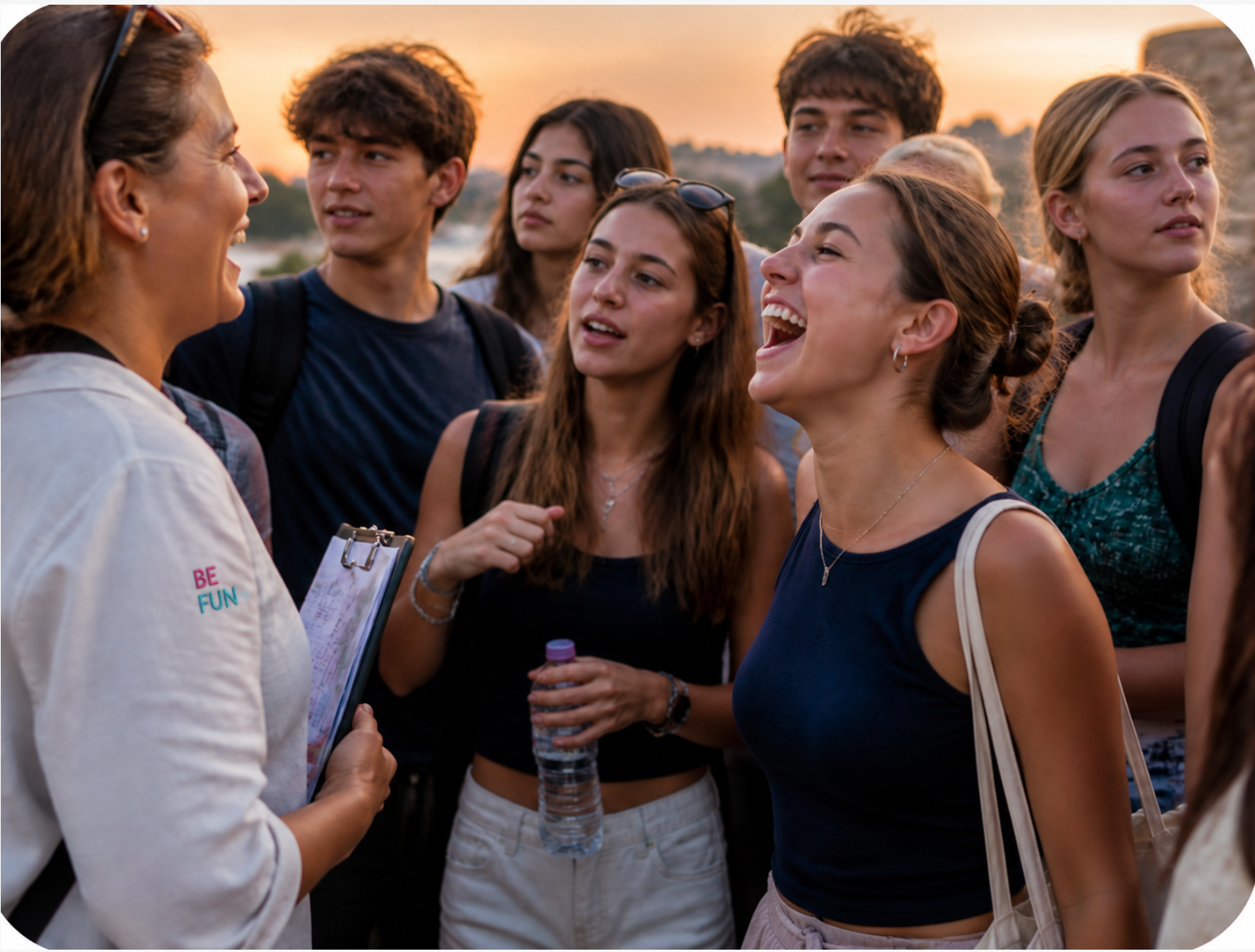Grupo de estudiantes festejando con su coordinadora al atardecer