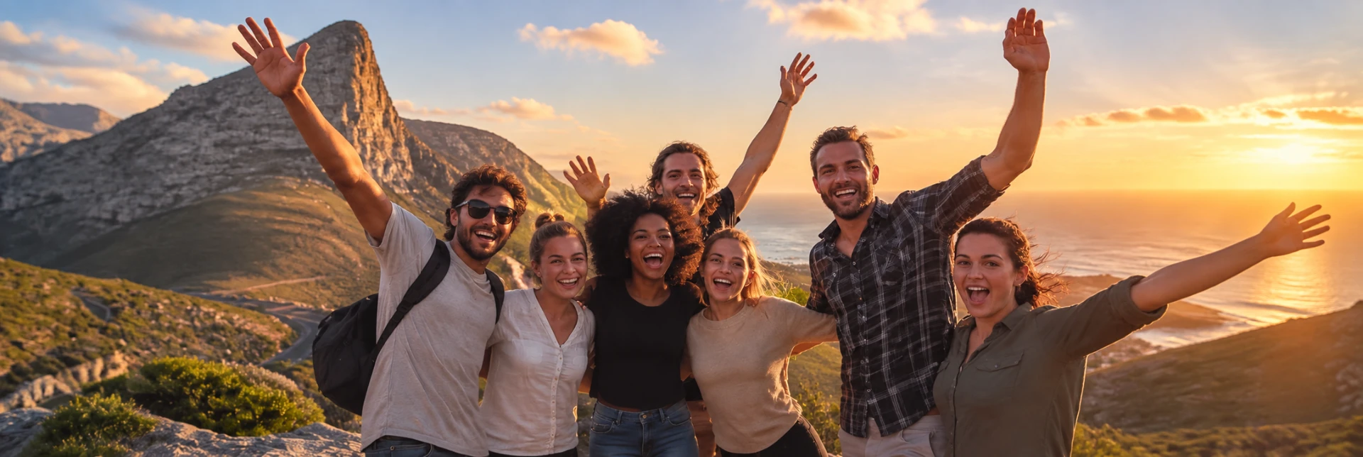 Grupo de viajeros celebrando juntos en un mirador de montaña al atardecer