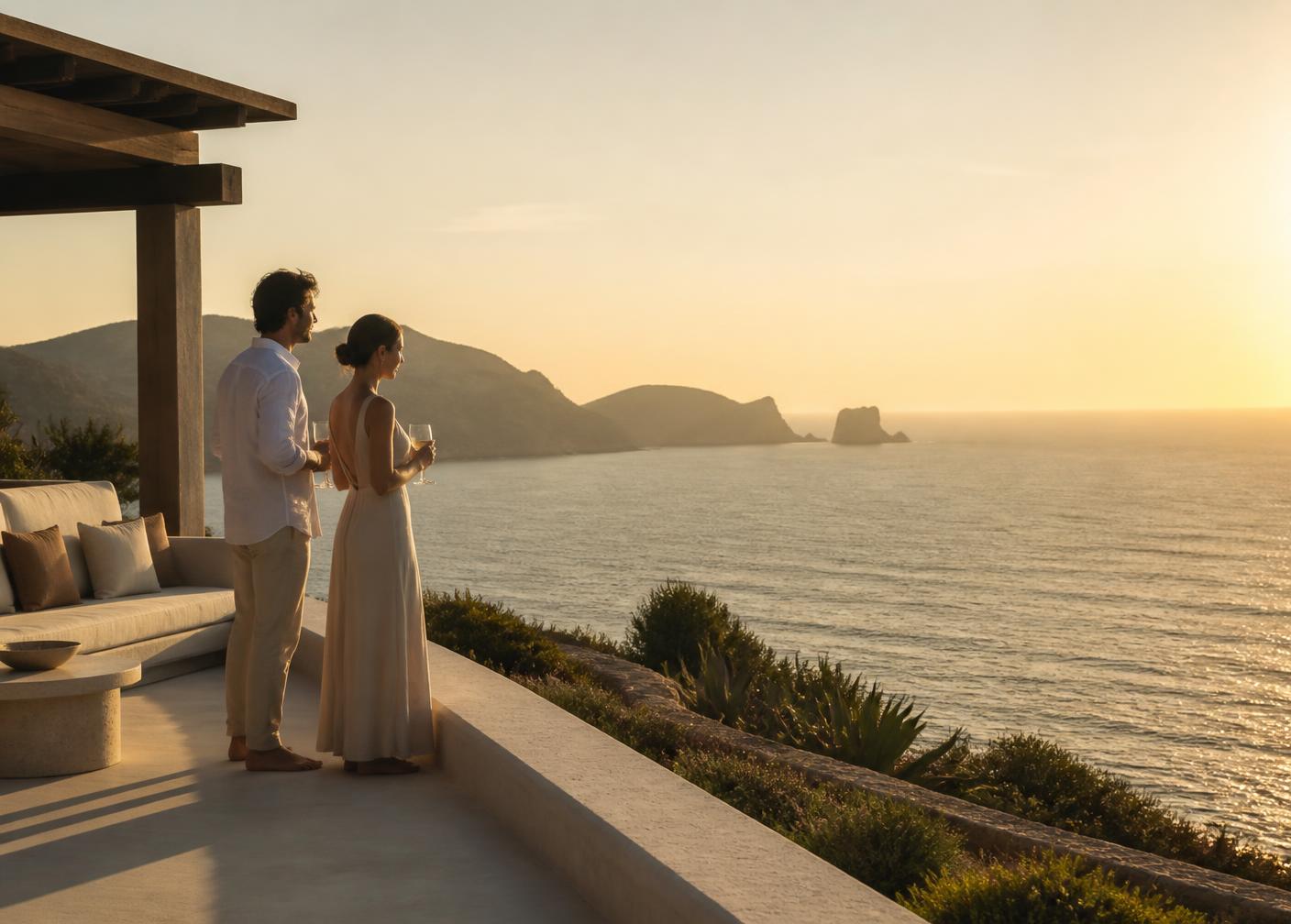 Pareja mirando el mar desde una terraza al atardecer